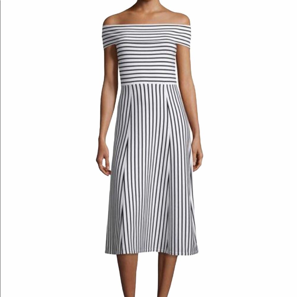 Derek Lam 10 Croby white & black striped off shoulder midi dress small